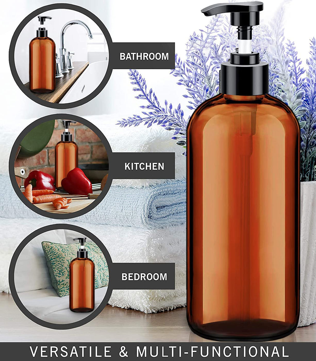 Soap Dispenser with Rust Proof Pump, Waterproof Labels (2 Pack,16 Oz) Bathroom, Plastic Hand Dish Soap Dispenser for Kitchen, Premium Thick Soap Pump Bottles (Amber)