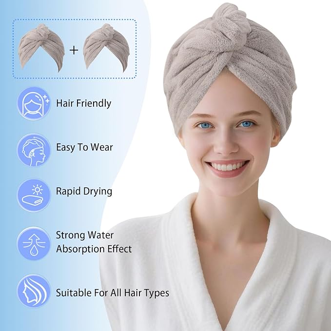 Microfiber Hair Drying Towel Wrap for Women, Hair Turbans Towel for Wet Hair,turbie Twist Hair Towels(The Color of the Picture is for Reference only) (Gray,Gray)