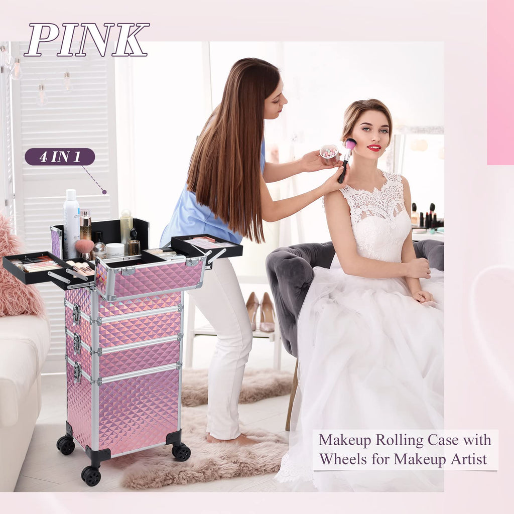 Adazzo 4 in 1 Rolling Makeup Trolley Train Case Cosmetic Suitcase, Box for Makeup Artist, Hairstylists, Nail Tech Students Barber Case with Keys Swivel Wheels - Shiny Pink