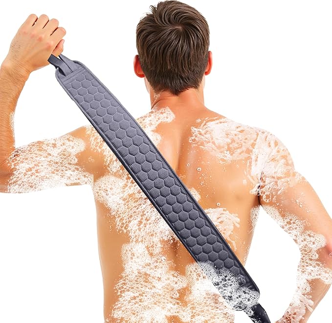 XNXA Back Scrubber for Shower with Handles, 40 Inch Extra Long Double-Sided Exfoliating Bath Strap, Textured Body Washer with Extended Reach for Deep Cleaning (Grey)