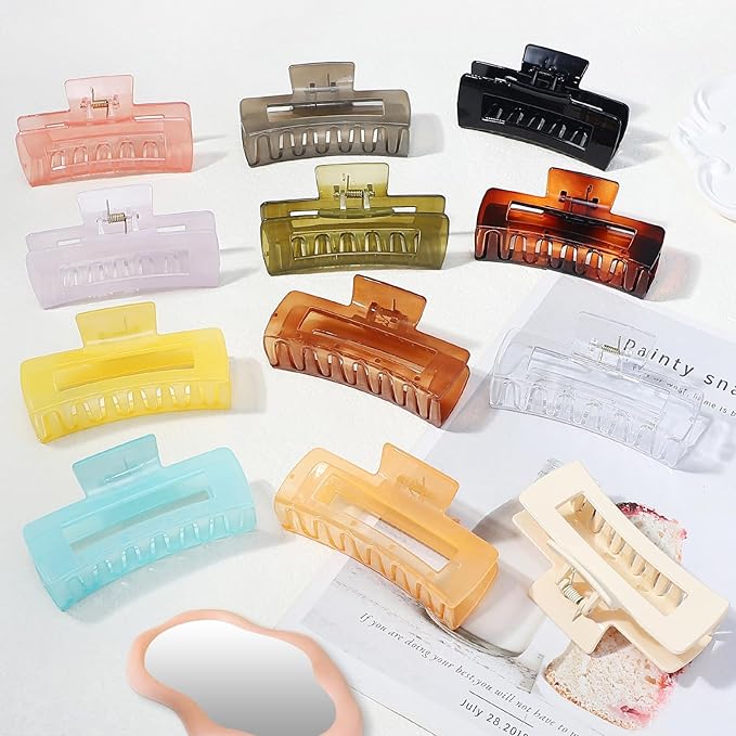 Sisiaipu 12 Pack Large Square Hair Claw Clips for Women and Girls, 4.1 x 2.1 x 1.2 inch, 12 Rubber Paint and Plastic Materials, Non-Slip Jumbo Jaw Design - Jelly