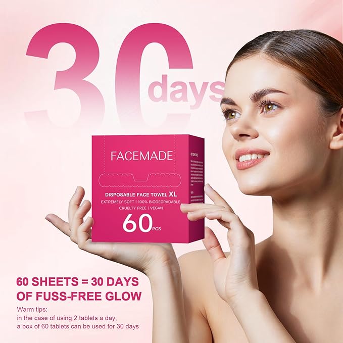 FACEMADE 60 Count Disposable Face Towels, 100% USDA Biobased Face Towelettes Disposable, Clean Facial Towels for Makeup and Clean Skin, Super Soft and Thick Dry Wipes Club