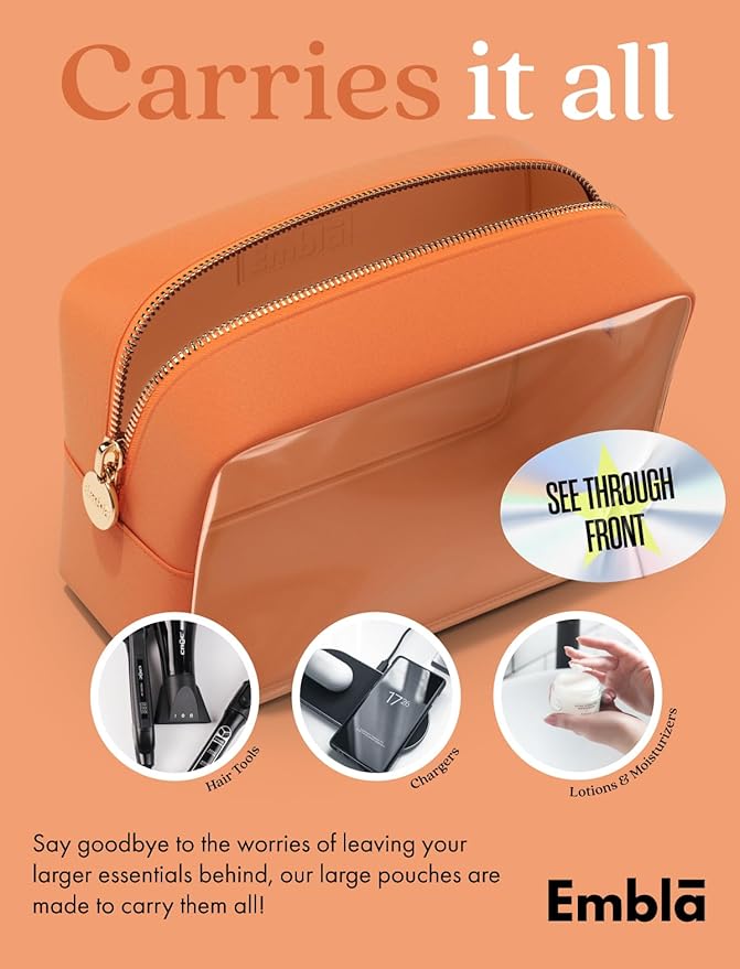 Embla Clear Large Makeup Bag Cute Big Make Up Nylon Pouches Travel Bathroom Bags for Toiletries XL Cosmetic Pouch for Women Girls Extra Large Zipper Toiletry Skincare Organizer Orange