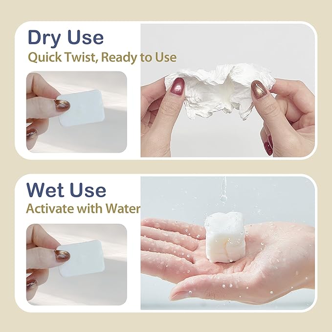 Ourmed Life Compressed Towel Tablets – Portable, Individually Wrapped Disposable Face Towels, Quickly Expand with Water, Soft & Lint-Free, 12‘’x10‘’ for Travel, Camping, Hiking, Backpacking (56 Count)