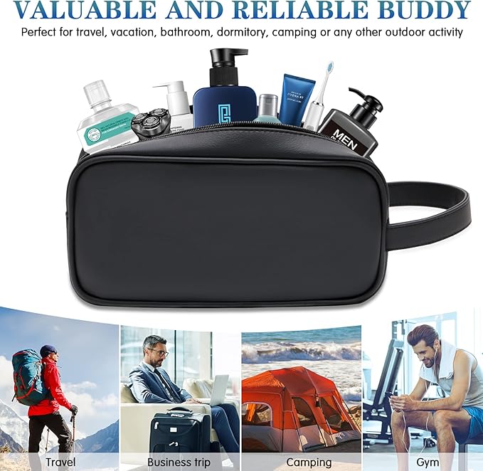 HappyDavid Soft PU Leather Zipped Travel Toiletry Bag Mens Ladies Supply Toiletry Bag Case(Black)