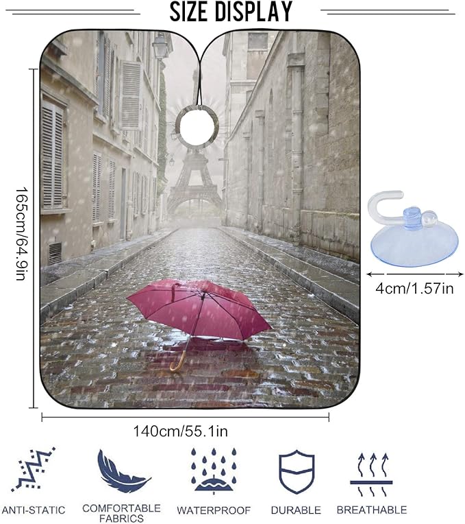 Visesunny Romantic Eiffel Tower Pink Umbrella Barber Anti-Static Hair Cutting Cape Professional Salon Polyester Cape Water-Resistant Hairdressing Adjustable Snap
