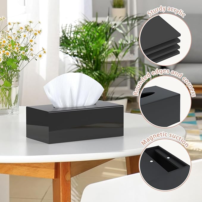 SILUT Tissue Box Cover, Tissue Box Cover Rectangle, Stylish Tissue Box Holder, Facial Tissue Holder for Bathroom, Kitchen Vanity, Countertops, Dressers, Night Stand - Shiny Black