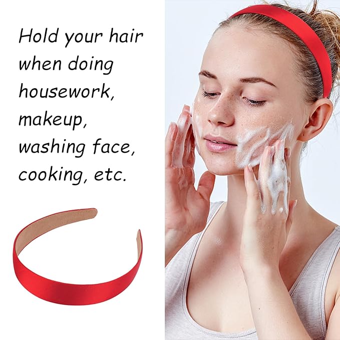 Wecoe 10 Pack Red Headbands 1 Inch Wide Glossy Satin Headbands Women Non Slip Fashion Plain Solid Head Bands DIY Valentine' s Day Christmas Hair Accessories for Women Girls Diademas Para Mujer