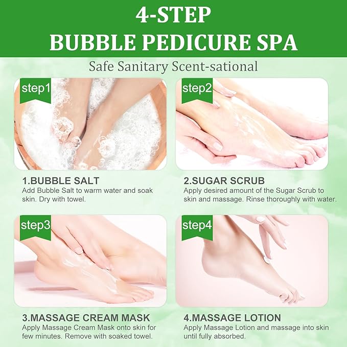 nbc BeautiLab Pedicure Kit Foot Soak Set: Bubble Salt, Sugar Scrub, Massage Mask, Massage Lotion in a Box, 4 Step Foot Spa Kit for Dry Feet,Tired Feet (1 Set Olive)