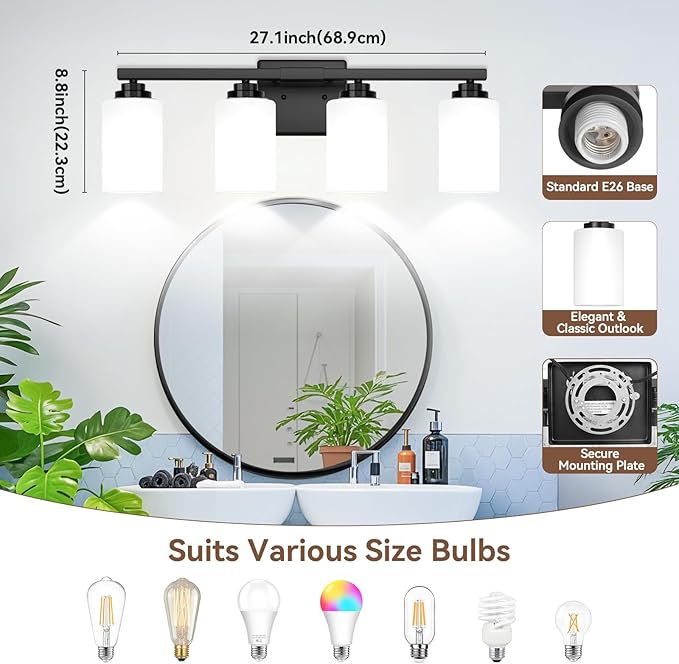 VerRon 4-Light Matte Black Bathroom Light Fixtures Over Mirror 27 Inches