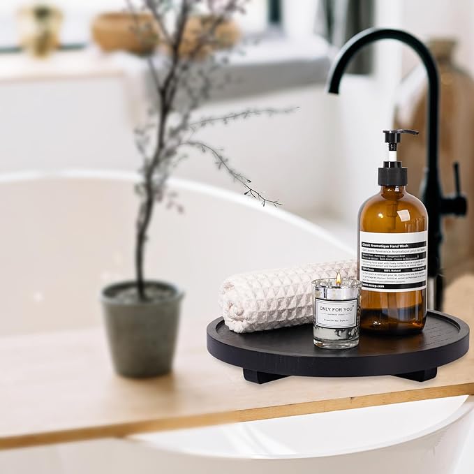 Round Decorative Tray Wood Bathroom Counter Organizer Farmhouse Kitchen Decor Wooden Riser for Soap Dish, Perfume, Candle, Sponge, 11" - Black