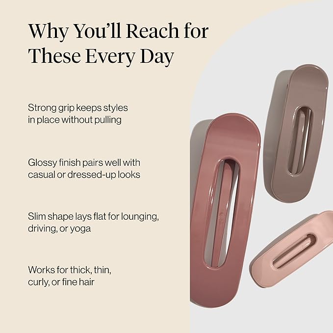 Kitsch Flat Claw Clips for Women - Strong Grip, Comfortable Design | Durable Plastic, Glossy Finish | Lay Down Claw Clip | For All Hair Types - Terracotta, 3pcs