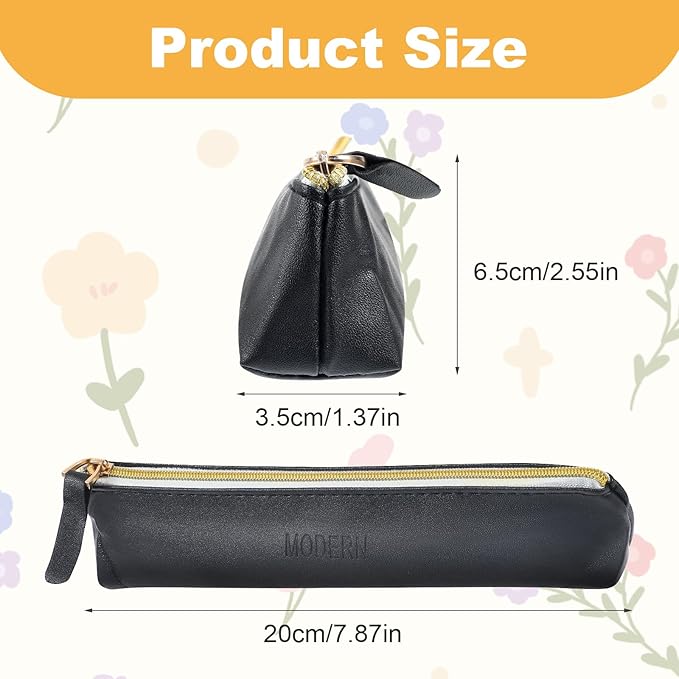 Tucnoeu 2pcs Mini Cosmetic Bag for Purse, 7.87 x 2.55inch Small Leather Pouch Make Up Bag with Zipper Portable Small Cosmetic Organizer for Women and Girls, Black Beige