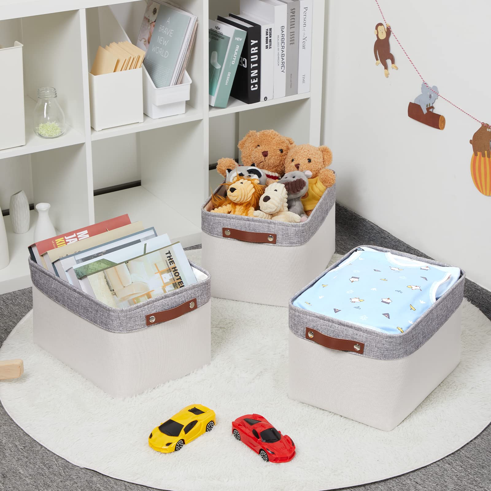 HNZIGE Large Storage Baskets for Shelves(3 Pack) Fabric Storage Toy Baskets with Handles, Decorative Foldable Storage Bins for Organizing (Gray&White-Leather Handles, 15"x11"x9.5")