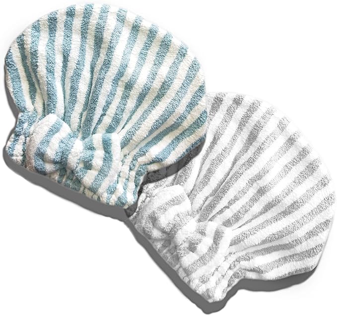 SportMore Microfiber Hair Towel Cap,Soft Absorbent Quick Drying Cap for Curly Thick Hair, Wrap Cap for Women Girls-Set of 2 Pcs（Blue White/Gray White）