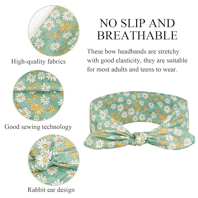 Huachi 12 Pack Wild Floral Bow Headbands for Women Elastic Headwraps Hair Band Yoga Running Sports Knotted Hair Bands Stretchy Rabbit Ears Turban Fashion Sport Cute Hair Accessories