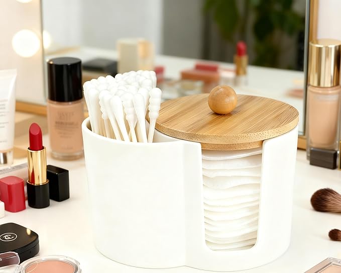 PENGARO Cotton Pad Swab Holder, Q tip Holder Round Cotton Pads Dispenser Small Plastic Swabs Dispenser with Lid, Bathroom Accessories Storage Organizer for Bud Floss Picks, White
