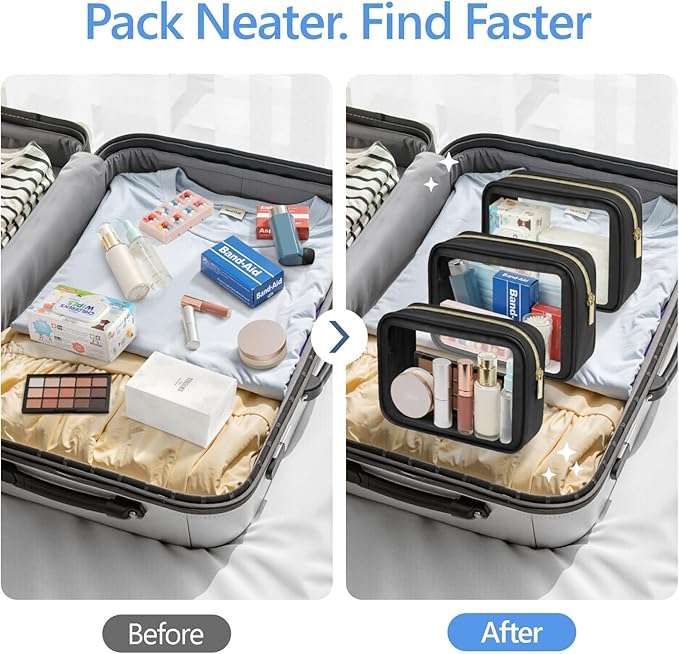 PACKISM Clear Makeup Bag Travel- 3 Pack TSA Approved Toiletry Bag, Black