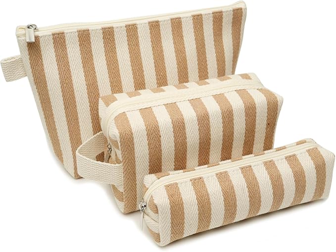 Beayuva 3 Pcs Makeup Bag Set Striped Canvas Purse Cosmetic Bag For Women Travel Toiletry Pouch Organizer pencil case (Khaki-White)