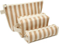 Beayuva 3 Pcs Makeup Bag Set Striped Canvas Purse Cosmetic Bag For Women Travel Toiletry Pouch Organizer pencil case (Khaki-White)