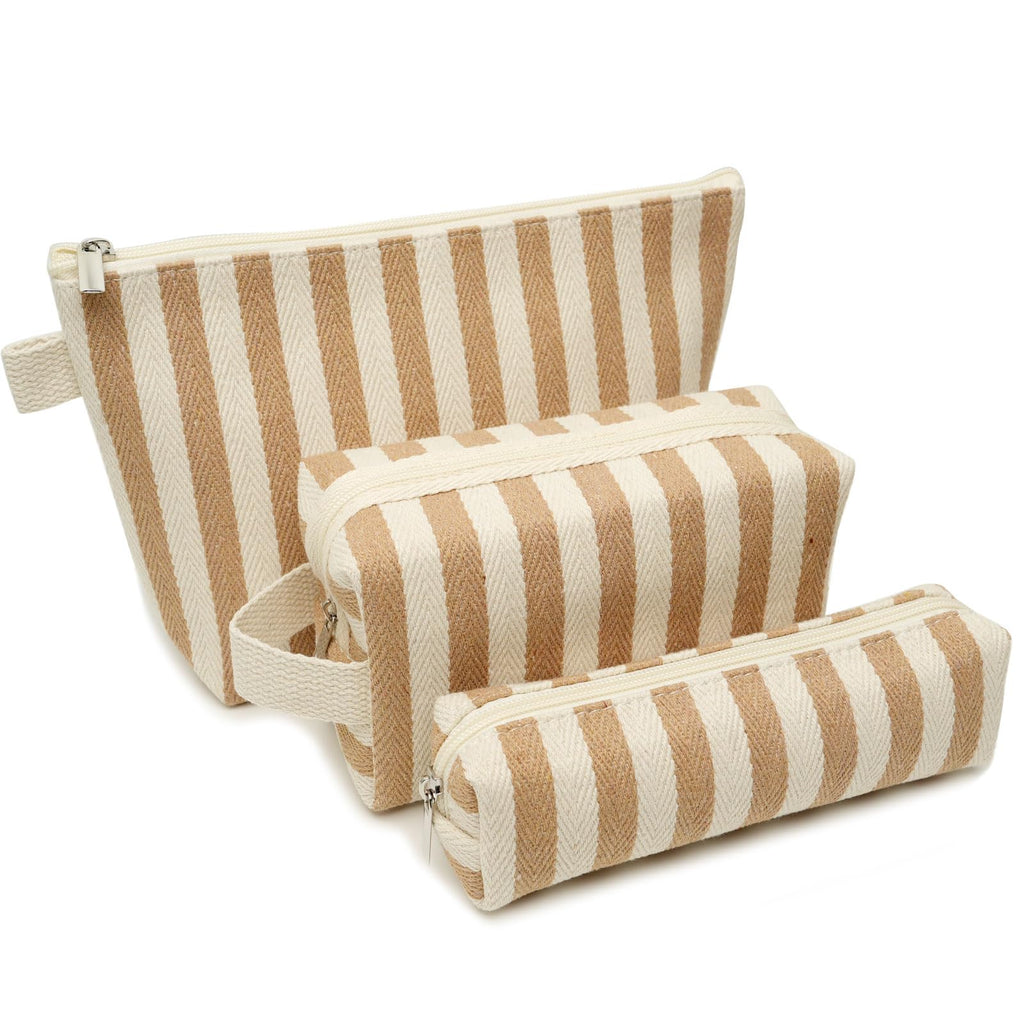 Beayuva 3 Pcs Makeup Bag Set Striped Canvas Purse Cosmetic Bag For Women Travel Toiletry Pouch Organizer pencil case (Khaki-White)