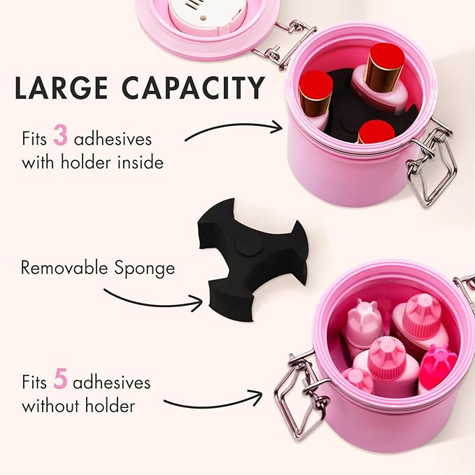 Embagol False Lash Glue Storage Tank With Thermometer Adhesive Carbon Sealed Leak-proof Containers Grafting Eyelash Extension Supplies(PINK)