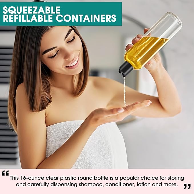 DPLASKA 6 Pcs 16 oz Clear Plastic Empty Bottles with Black Disc Top Caps, Squeezable Refillable Shampoo Bottles Travel Cosmetic Containers for Lotions, Body Soap Cream