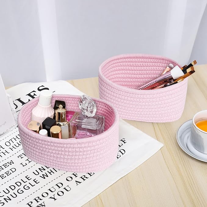【2 Pack】ABenkle Small Woven Baskets, Tiny Oval Shallow Storage Baskets, Mini Cotton Rope Empty Decorative Basket, Boho Little Organizer Bins for Bathroom, Cat Dog Toy Gifts Baskets