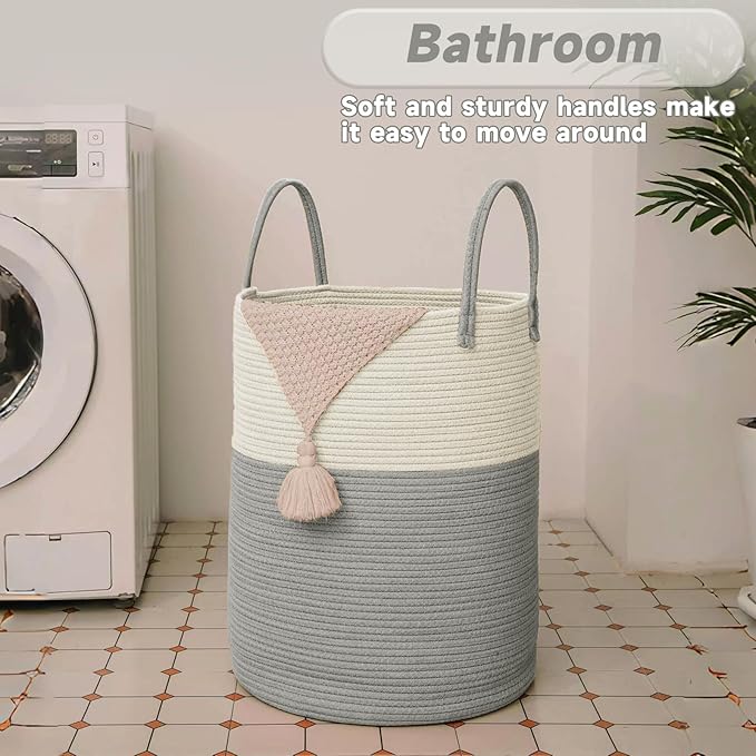 JMvicyroam Large Woven Laundry Basket Hamper,60L Cotton Rope Storage Bin for Blankets,Toys and Clothes,Decorative Tall Nursery Hamper for Living Room,Baby Nursery,Bathroom and Bedroom,White and Grey