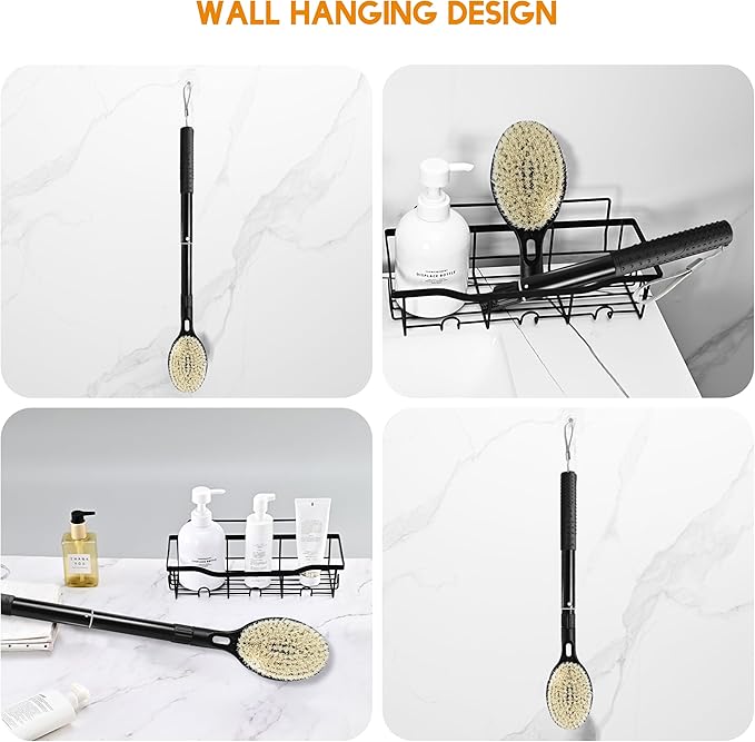 Back Scrubber for Shower with Long Handle, Dual-Sided Bath Brush for Wet & Dry Brushing, Soft & Stiff Bristles Body Exfoliator, Adjustable Detachable Shower Brush for Back, Legs & Feet
