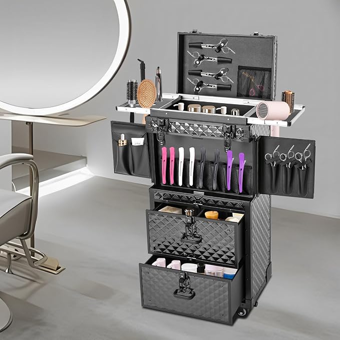 QUEWATSA Rolling Makeup Case Large Storage Cosmetic Trolley, Rolling Lockable Makeup Train Case, Stylist Beauty Salon Cosmetic Luggage Travel Organizer Tool Box with Hair Dryer Holder