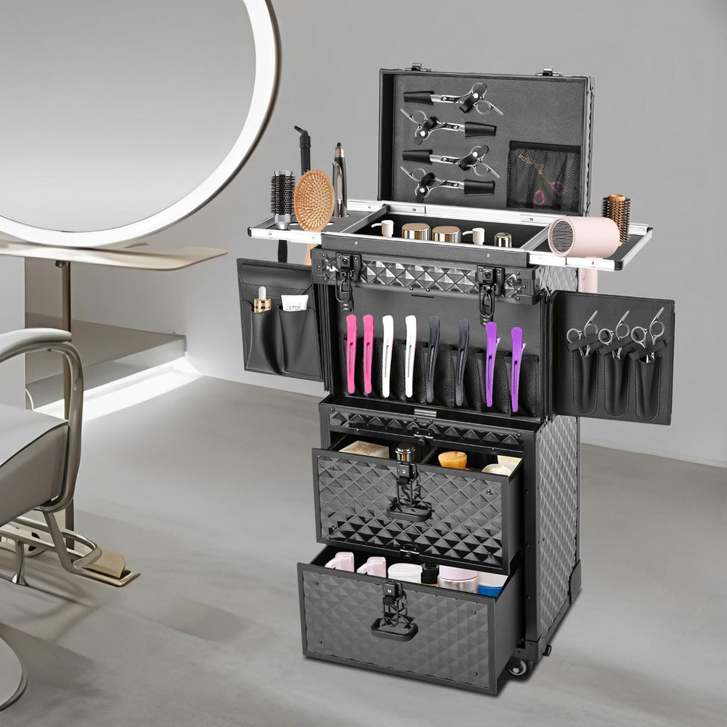 QUEWATSA Rolling Makeup Case Large Storage Cosmetic Trolley, Rolling Lockable Makeup Train Case, Stylist Beauty Salon Cosmetic Luggage Travel Organizer Tool Box with Hair Dryer Holder