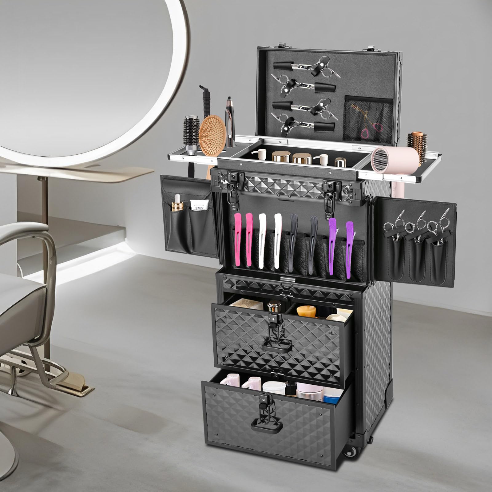 QUEWATSA Rolling Makeup Case Large Storage Cosmetic Trolley, Rolling Lockable Makeup Train Case, Stylist Beauty Salon Cosmetic Luggage Travel Organizer Tool Box with Hair Dryer Holder