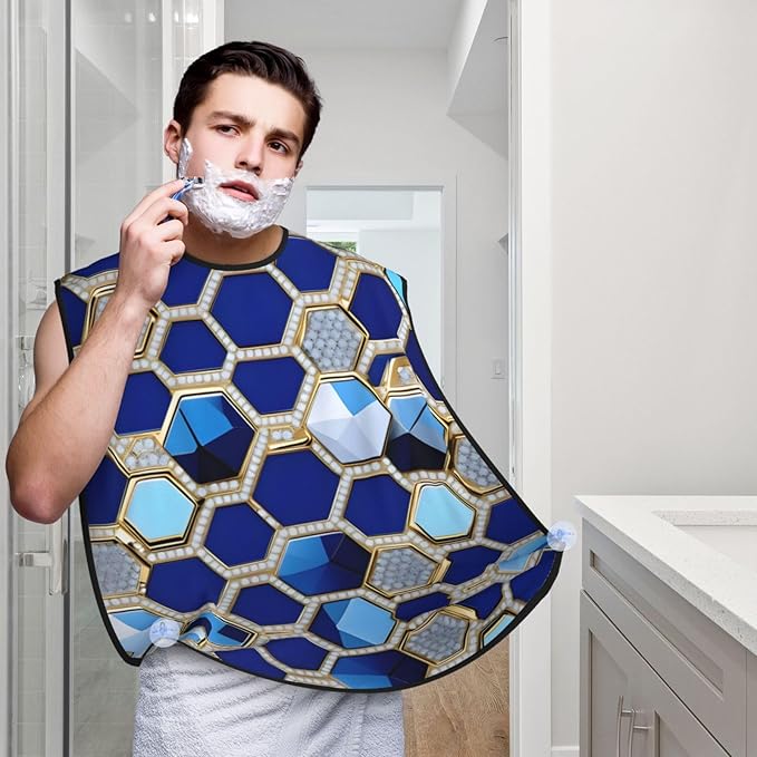 Blue Hexagons And Diamond Print Beard Bib Apron For Men, Beard Hair Catcher For Men Shaving Trimming,Beard Cape Cloth
