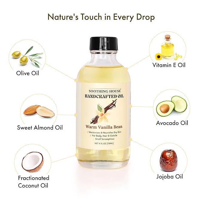 Soothing House Warm Vanilla Bean Body Oil - Moisturizing Body Oil for Soft, Glowing Skin with Almond & Jojoba Oil (4 fl oz)