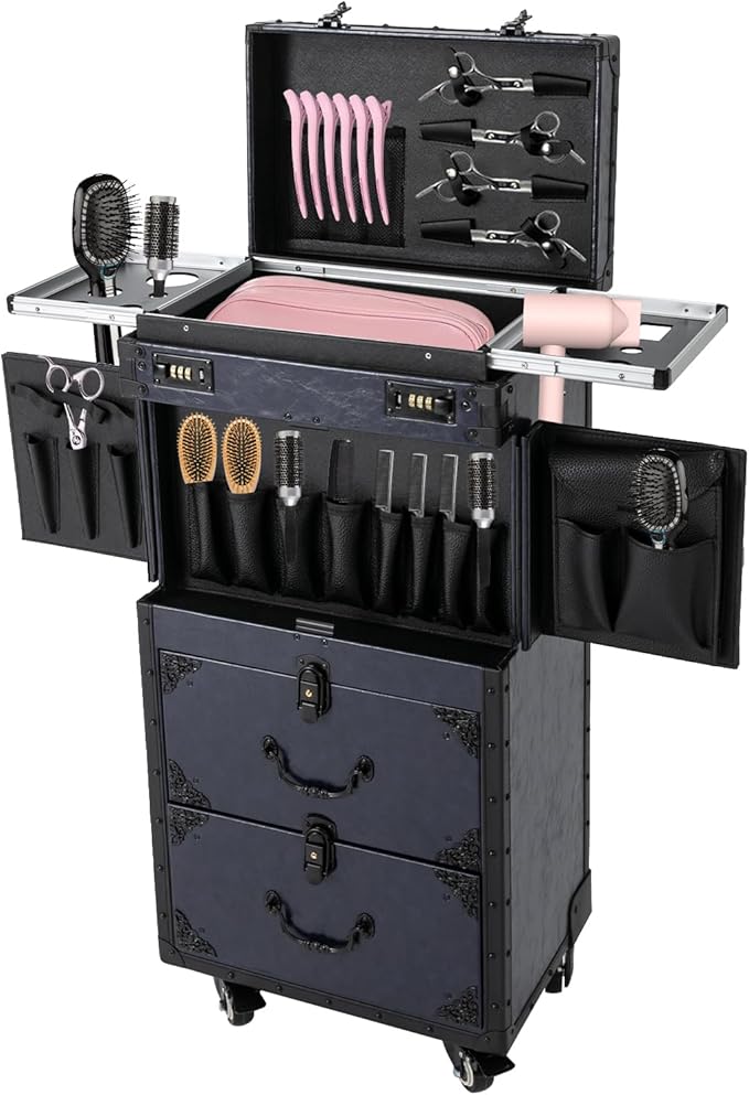 Blisiour Rolling Lockable Makeup Train Case Stylist Beauty Hair Salon Trolley Suitcase Travel Organizer Tool Box with Hair Dryer Holder Professional Cosmetic Hairdressing Luggage with Wheels (Blue)