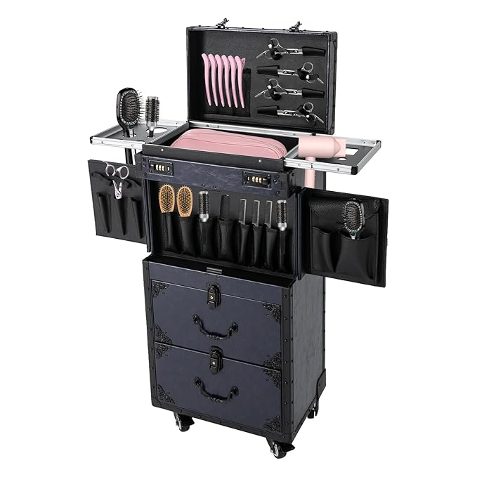 CNCEST Beauty Salon Luggage,Rolling Lockable Makeup Train Case Hairdressing Trolley Stylist Beauty Salon Cosmetic Luggage Travel Organizer Tool Box with Hair Dryer Holder(Dark Blue)