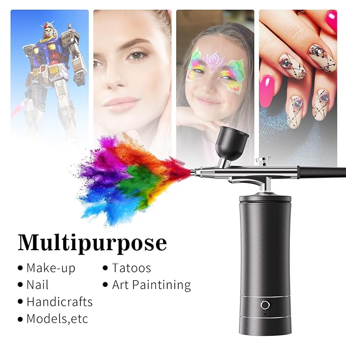 Airbrush Kit Air Brush Kit With Air Compressor Nail Charms Wireless Air Brush for Barber, Nail Art, Makeup, Model Painting(Black - with extension tube)