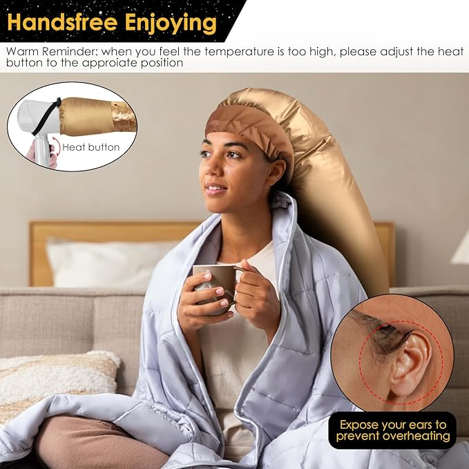 TEPENAR Hair Dryer Bonnet Attachment: Upgraded Extra Large Hooded Dryer Adjustable Hair Dryer Caps - Easy to Use for Natural Curly Textured Hair Care Styling Fast Drying - Gold