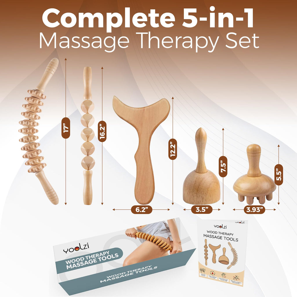 5 PCS Wood Therapy Massage Tools - Professional Maderoterapia Set for Body Contouring, Circulation Support and Muscle Tension Relief