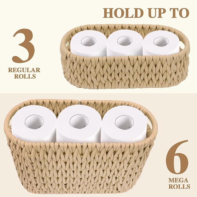 Boho Toilet Paper Storage Baskets, Cotton Rope Woven Bathroom Basket Set of 2, Standing Toilet Paper Holder for 6 Mega Rolls,Storage Bins for Toilet Tank Top, Bathroom Organizer Decor (Brown 2 Pack)