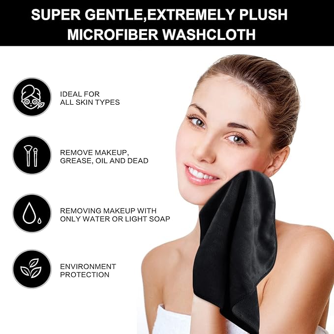 Microfiber Facial Cloths Fast Drying Washcloth 12inch x 12inch Black 20 pack
