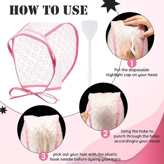 FineCheer Hair Highlighting Cap Frosting Caps Kit Highlight Cap with Plastic Hooks for Hair Coloring Salon Dyeing Hairdressing Tool Kit Supplies(Pink)