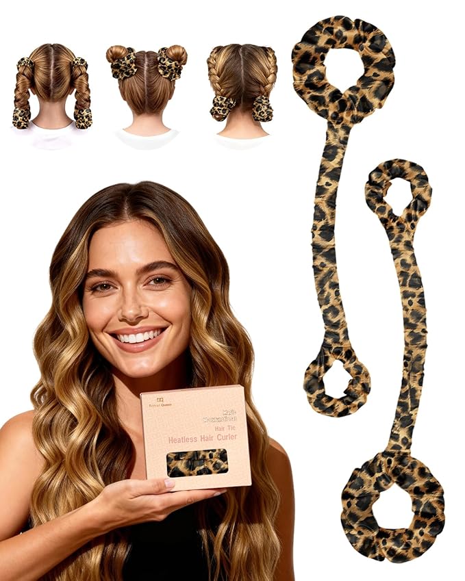 BONNET QUEEN 2 Pack Medium Satin Heatless Hair Curler for Medium to Long Thick Hair, Heatless Curls Overnight, Hair Curlers to Sleep In, Damage-Free Waves with Built-in Scrunchie, Leopard