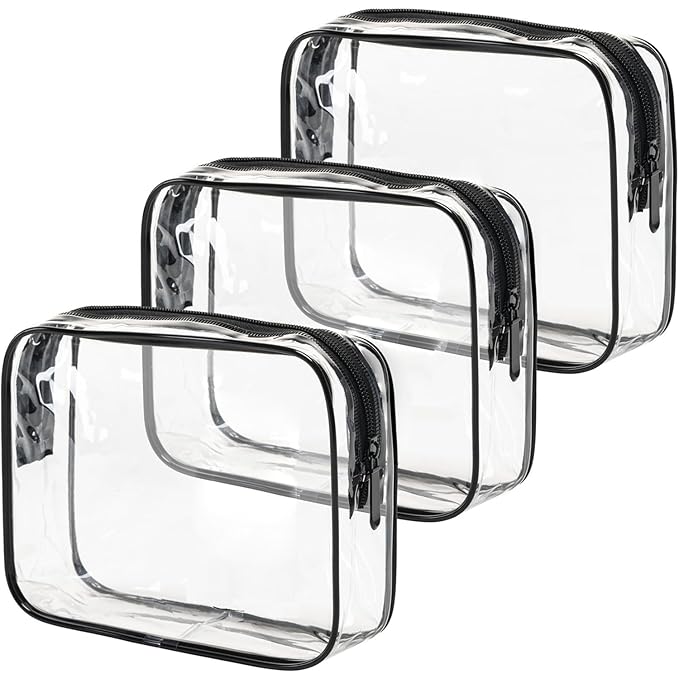 MODENGKONGJIAN TSA Approved Toiletry Bag, 3 Pcs Clear Toiletries Bags Quart Size Travel Makeup Cosmetic Bag for Women Men, Carry on Airport Airline Compliant Bag (Clear Black)