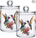 xmycdz 2 Pack Hummingbirds Apothecary Jars with Lid, 10 Oz Watercolor Flowers Clear Plastic Apothecary Jar Set Qtip Holder Storage Containers for Cotton Ball Swabs Bathroom Vanity