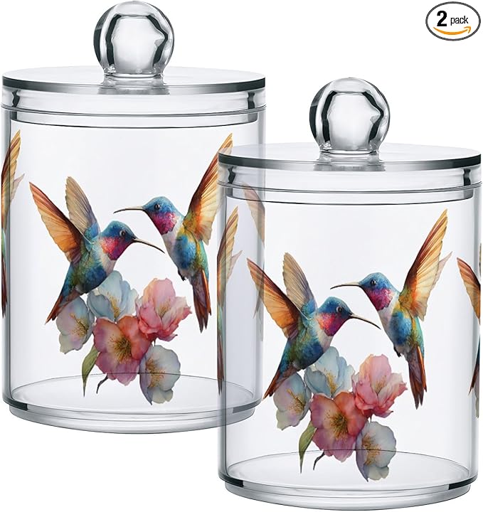 xmycdz 2 Pack Hummingbirds Apothecary Jars with Lid, 10 Oz Watercolor Flowers Clear Plastic Apothecary Jar Set Qtip Holder Storage Containers for Cotton Ball Swabs Bathroom Vanity