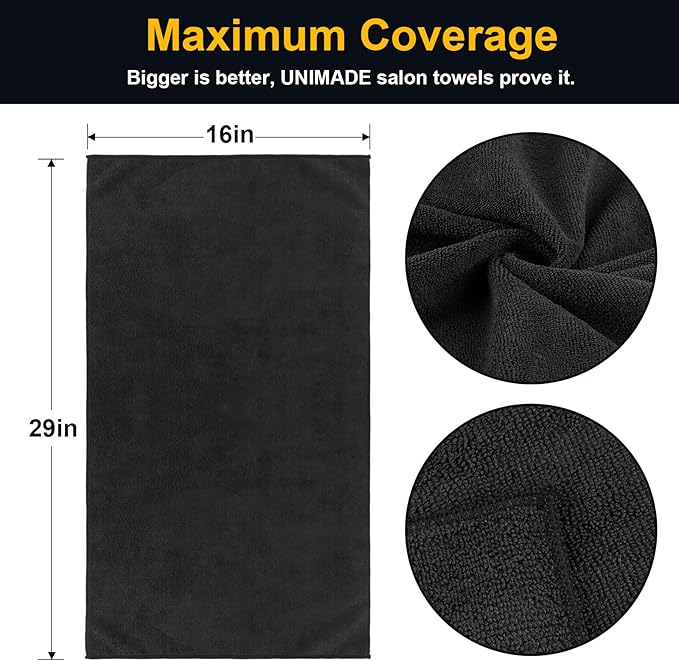 UNIMADE Salon Towels 48 Pack, Microfiber Barber Towel Bulk,(16x29 inches) Fast Drying Hair Towels Super Soft Black Hnad Towels for Gym, Salon, Bath, Spa Use and Home Hair Care(Not Bleach Proof)