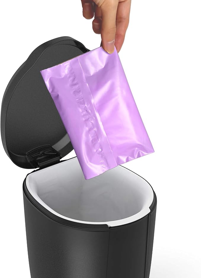 Disposable Sanitary Bags, 100 Pcs, Purple, Self-sealing, Odor-proof, Rectangular, Plastic, 10" x 6" Bags for Feminine Hygiene, Personal Waste, or Pet Waste