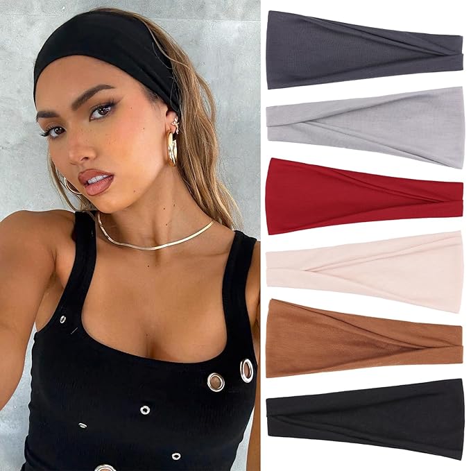 Headbands for Women Non Slip Stylish Womens Sweat Band Hair for Washing Face Elastic Headbands for Yoga Workout and Summer 6 Pack Stretchy Cloth Fabric Hair Bands